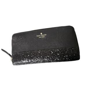 Kate Spade Great Court Glitter Neda Wallet Black Zip Sparkle